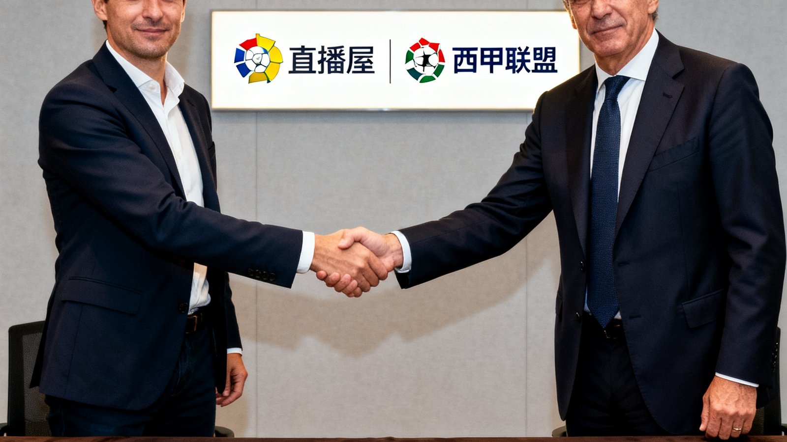 直播屋CEO与西甲联盟主席在战略合作签约仪式上握手，背后是两方Logo